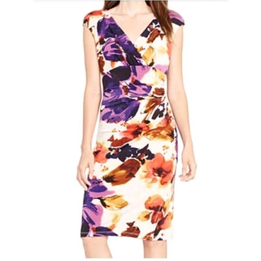 Lauren Ralph Lauren Dress Womens 6P White Floral Sheath Wrap Ruched Empire